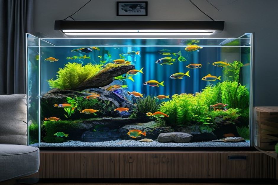 A beautifully aquascaped 20-gallon planted freshwater tank in a home setting with community fish