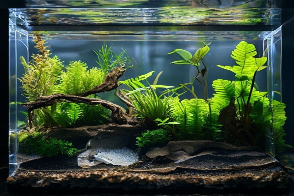 A freshly planted freshwater aquarium being cycled, with live aquatic plants and driftwood but no fish yet