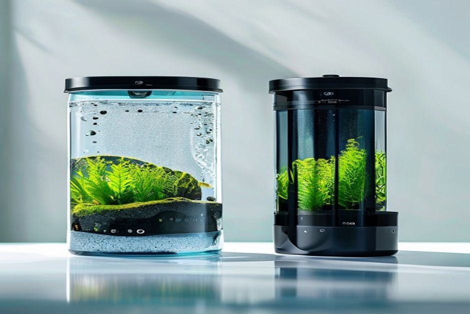 A canister filter and hang-on-back filter shown side by side for comparison