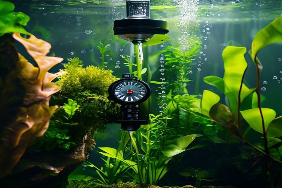 An aquarium heater installed in a planted freshwater tank with plants and substrate visible