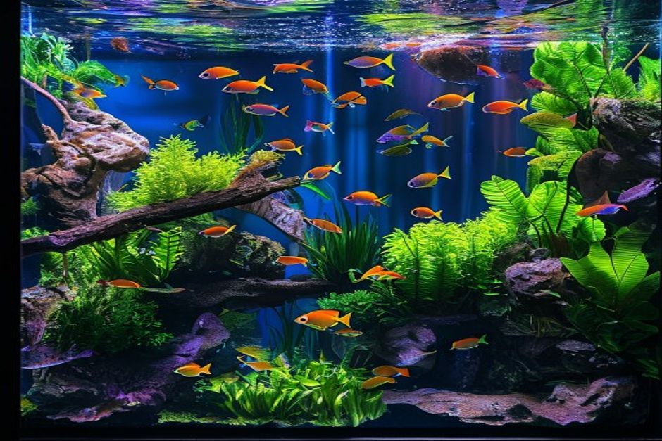 A well-stocked community aquarium with colorful small fish swimming among plants and driftwood